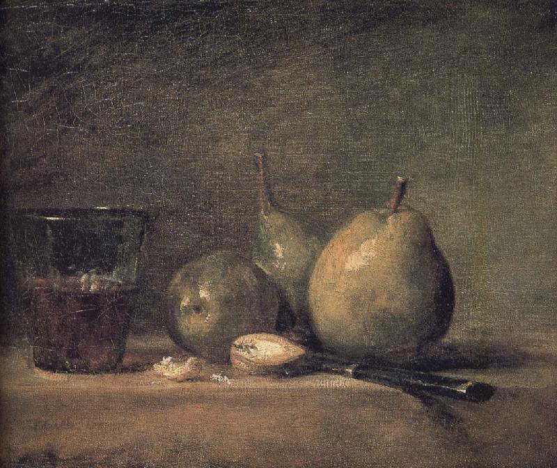 Jean Baptiste Simeon Chardin Sheng three pears walnut wine glass and a knife oil painting image